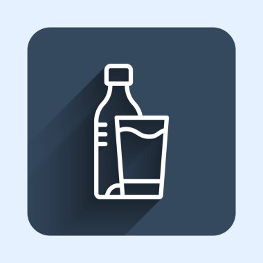 White line Bottle of water with glass icon isolated with long shadow background. Soda aqua drink sign. Blue square button. Vector