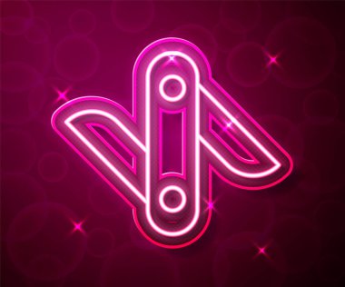 Glowing neon line Swiss army knife icon isolated on red background. Multi-tool, multipurpose penknife. Multifunctional tool.  Vector