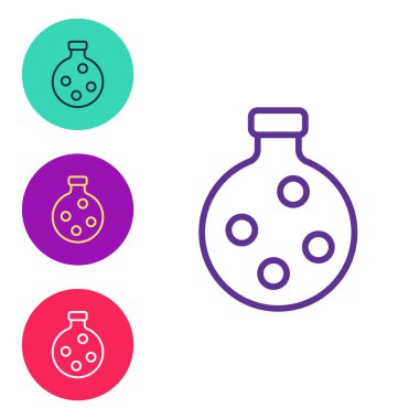 Beyaz arkaplanda ikon ikonu olan çizgi şişesini ayır. Sihirli iksirli matara. Mutlu Cadılar Bayramı Partisi. Simgeleri renklendirin. Vektör