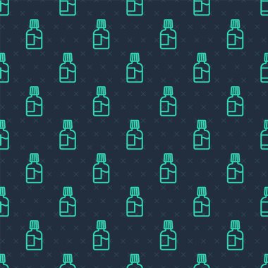 Green line Mouthwash plastic bottle icon isolated seamless pattern on blue background. Liquid for rinsing mouth. Oralcare equipment.  Vector