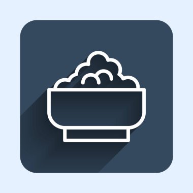 Uzun gölge arkaplan izole edilmiş bir kase ikonunda beyaz çizgi pirinç. Geleneksel Asya yemekleri. Mavi kare düğme. Vektör