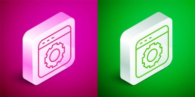 Isometric line Browser setting icon isolated on pink and green background. Adjusting, service, maintenance, repair, fixing. Silver square button. Vector