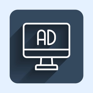 Beyaz çizgi reklam simgesi uzun gölge arkaplanı ile izole edildi. Pazarlama ve tanıtım süreci kavramı. İlgili reklamlar. Sosyal medya reklamcılığı. Mavi kare düğme. Vektör