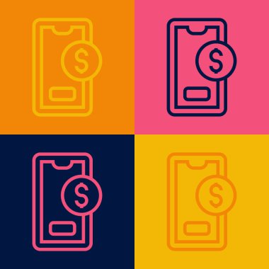 Dolar sembollü akıllı telefon çizgisi renk arkaplanında izole edilmiş. İnternetten alışveriş konsepti. Finansal cep telefonu simgesi. Çevrimiçi ödeme. Vektör