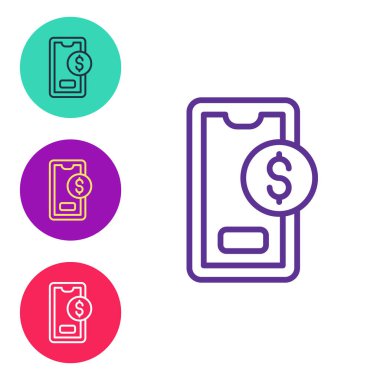 Beyaz arkaplanda dolar sembolü olan çizgi Akıllı Telefon 'u ayır. İnternetten alışveriş konsepti. Finansal cep telefonu simgesi. Çevrimiçi ödeme. Simgeleri renklendirin. Vektör
