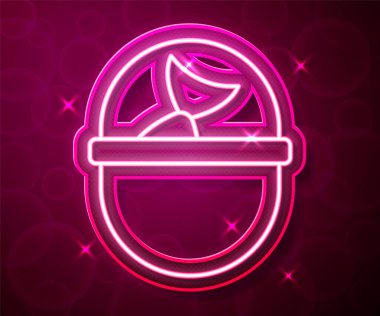 Kırmızı arka planda balık ikonu olan parlak neon olta kovası. Kovadaki balık. Vektör