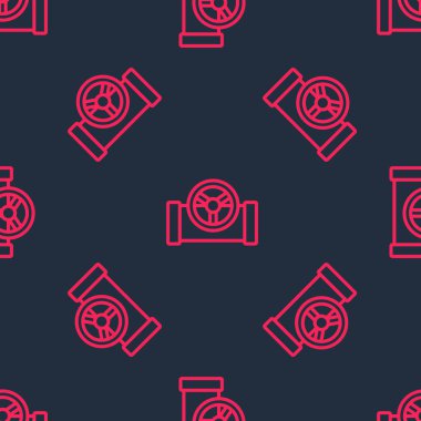 Red line Oil pipe with valve icon isolated seamless pattern on black background.  Vector
