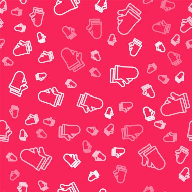 White line Protective gloves icon isolated seamless pattern on red background. Protective clothing and tool worker.  Vector