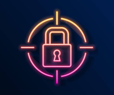 Parlayan neon çizgi simgesi siyah arkaplanda izole edildi. Asma kilit işareti. Güvenlik, güvenlik, koruma, gizlilik kavramı. Vektör