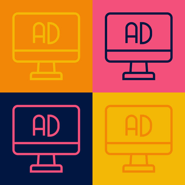 Pop art line Advertising icon isolated on color background. Concept of marketing and promotion process. Responsive ads. Social media advertising.  Vector