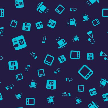 Set Bag of coffee beans, Tea bag, Coffee cup and Electronic scales on seamless pattern. Vector