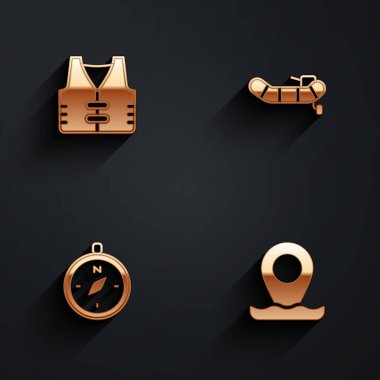 Set Fishing jacket, Inflatable boat with motor, Compass and Location fishing icon with long shadow. Vector