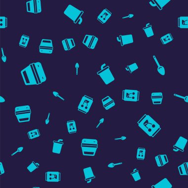 Set Lunch box, Spoon, Paper glass with water and Soda can on seamless pattern. Vector