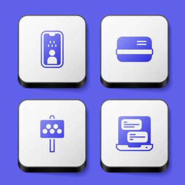 Set Taxi driver license, Credit card, Road sign for taxi stand and mobile app icon. White square button. Vector
