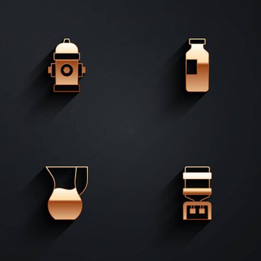 Set Fire hydrant, Bottle of water, Jug glass with and Water cooler icon with long shadow. Vector