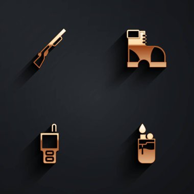 Set Hunting gun, Hunter boots, Walkie talkie and Lighter icon with long shadow. Vector