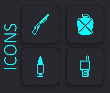 Set Walkie talkie, Hunting gun, Canteen water bottle and Bullet icon. Black square button. Vector
