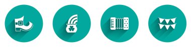 Set Leprechaun boot, Pot of gold with rainbow, Accordion and Carnival garland flags icon with long shadow. Vector