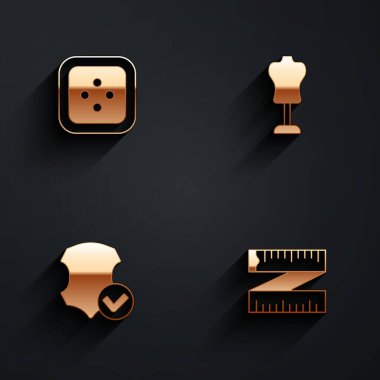 Set Sewing button for clothes, Mannequin, Leather and Tape measure icon with long shadow. Vector