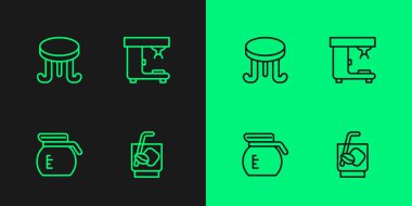 Set line Espresso tonic coffee, Coffee pot, table and machine icon. Vector