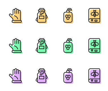 Set line Cosmetic tube with honey, Beekeeper glove, Jar of and Book about bee icon. Vector