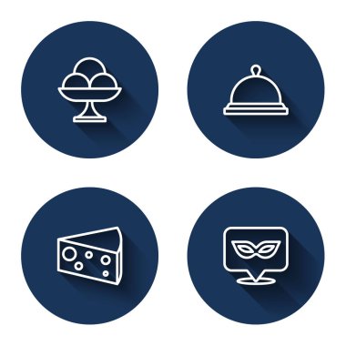Set line Ice cream in the bowl, Covered with tray of food, Cheese and Carnival mask with long shadow. Blue circle button. Vector