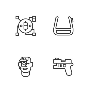 Set line Futuristic weapon, Smart glasses spectacles, Blockchain technology Bitcoin and  icon. Vector