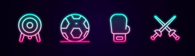 Set line Target sport, Soccer football ball, Boxing glove and Fencing. Glowing neon icon. Vector