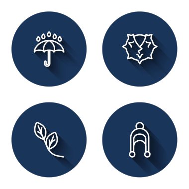 Set line Umbrella and rain drops, Chestnut, Leaf and Winter hat with long shadow. Blue circle button. Vector