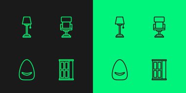 Set line Wardrobe, Pouf, Floor lamp and Office chair icon. Vector