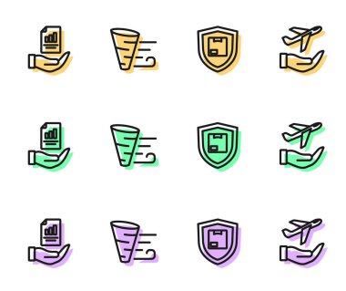 Set line Delivery security with shield, Contract in hand, Tornado and Plane icon. Vector