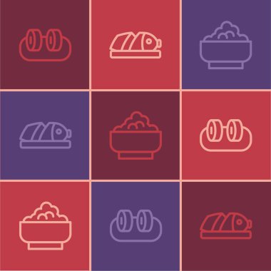Set line Sushi, Rice in a bowl and Fish with sliced pieces icon. Vector
