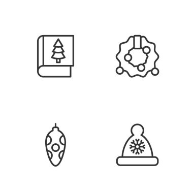 Set line Christmas Santa Claus hat, toy, book and wreath icon. Vector