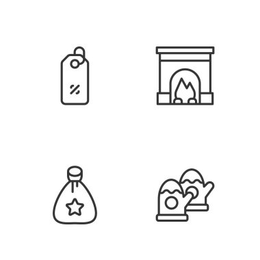 Set line Christmas mittens, Santa Claus bag gift, Discount percent tag and Interior fireplace icon. Vector