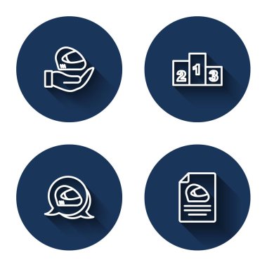 Set line Racing helmet, Award over sports winner podium,  and  with long shadow. Blue circle button. Vector