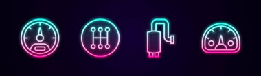Set line Speedometer, Gear shifter, Car muffler and . Glowing neon icon. Vector