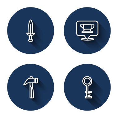 Set line Medieval sword, Blacksmith anvil tool, Hammer and Old key with long shadow. Blue circle button. Vector