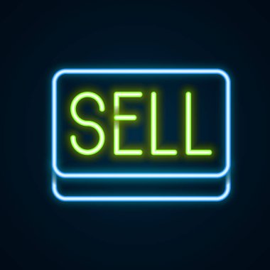 Parlayan neon hattı satma simgesi siyah arkaplanda izole edildi. Finansal ve borsa yatırım konsepti. Renkli taslak konsepti. Vektör