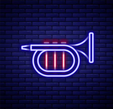Glowing neon line Trumpet icon isolated on brick wall background. Musical instrument. Colorful outline concept. Vector