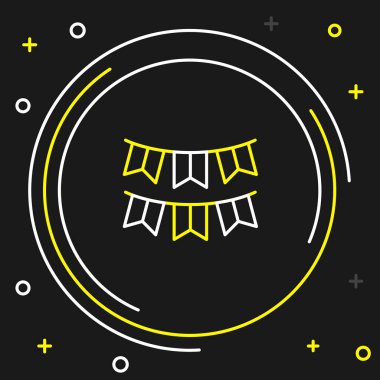 Çizgi Karnaval çelengi siyah arka planda izole edilmiş bayrak simgesi ile. Doğum günü kutlaması için parti flamaları, festival dekorasyonu. Renkli taslak konsepti. Vektör