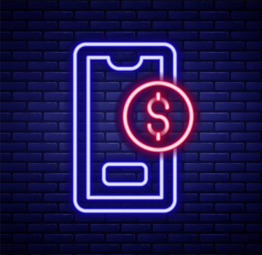 Parlayan neon hattı, dolar sembollü akıllı telefon tuğla duvar arkasında izole edilmiş. İnternetten alışveriş konsepti. Finansal cep telefonu simgesi. Çevrimiçi ödeme. Renkli taslak konsepti. Vektör