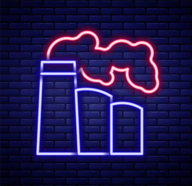 Glowing neon line Oil and gas industrial factory building icon isolated on brick wall background. Colorful outline concept. Vector