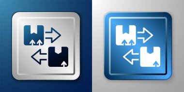 White Cardboard box with traffic symbol icon isolated on blue and grey background. Box, package, parcel sign. Delivery, transportation and shipping. Silver and blue square button. Vector