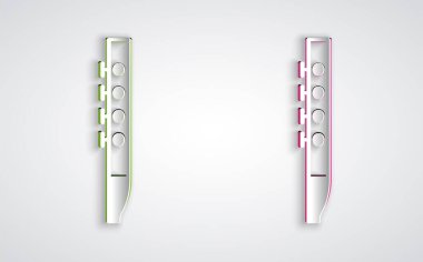 Kağıt kesiği flüt simgesi gri arkaplanda izole edildi. Müzik aleti. Kağıt sanatı tarzı. Vektör