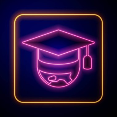 Glowing neon Graduation cap on globe icon isolated on black background. World education symbol. Online learning or e-learning concept.  Vector