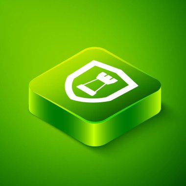 Isometric Chess shield icon isolated on green background. Business strategy. Game, management, finance. Green square button. Vector