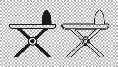 Siyah elektrikli ütü ve ütü masası simgesi şeffaf arkaplanda izole edildi. Buhar ütüsü. Vektör
