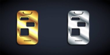 Gold and silver Mobile 24 hours support icon isolated on black background. All-day customer support call-center. Full time call services. Long shadow style. Vector
