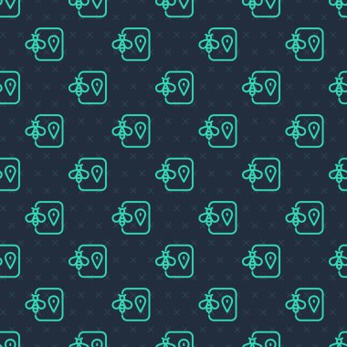Green line Bee location map pin pointer icon isolated seamless pattern on blue background. Farm animal map pointer.  Vector
