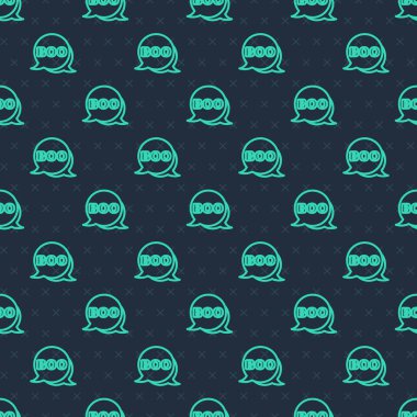 Green line Boo speech bubble icon isolated seamless pattern on blue background. Happy Halloween party.  Vector